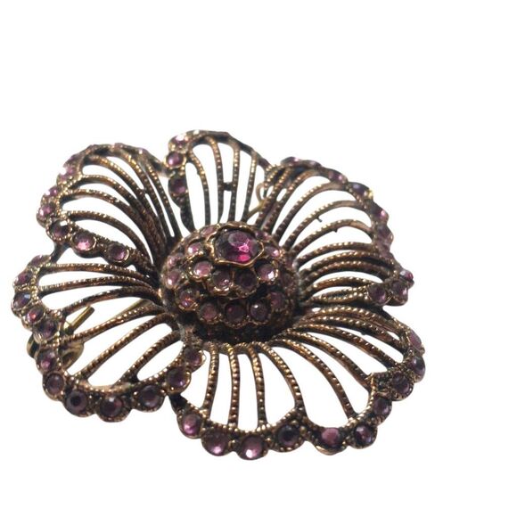 Vintage Copper-Tone Floral Rhinestone Brooch – Pink Crystal Flower Pin, 1.75" - Picture 3 of 4
